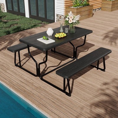 Outdoor Picnic Tables with Benches, Portable Picnic Table with Seats, Plastics Picnic Table Bench Set with Metal Frame, Black