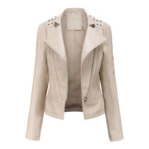 Women's Long Sleeve Leather Jacket Lapel Collar Slim Fit Biker Jacket with Beaded - 1 of 3