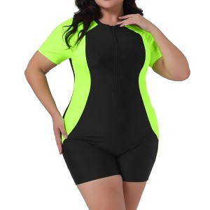 Agnes Orinda Women's Plus Size Tummy Control Colorblock Zip Front Rashguard One-Piece Swimsuit - 1 of 4