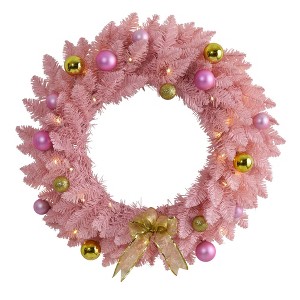 Nearly Natural 24" Pre-lit LED Pine Artificial Christmas Wreath Pink with Warm White Lights - 1 of 4