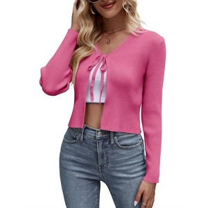 Coolmee Women's Tie Front Cardigan Long Sleeve Rib Knit Shrug for Dress Sweaters Crop Tops Light Rose    XL - 1 of 4