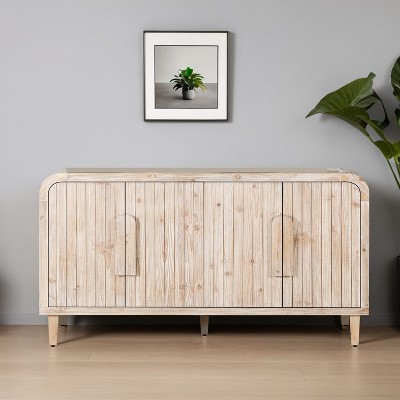 59'' Farmhouse Curved Vintage Storage Sideboard with Large Wooden Handles, Vertical Wood Grain Carving and Adjustable Shelves - Leovsnove