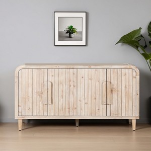 59'' Farmhouse Curved Vintage Storage Sideboard with Large Wooden Handles, Vertical Wood Grain Carving and Adjustable Shelves - Leovsnove - 1 of 4