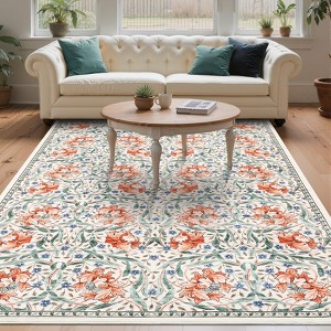 Floral Hallway Rugs  Washable Non Slip Throw Carpet Runner for Laundry Bathroom Kitchen Retro Accent Floor Cover - 1 of 4