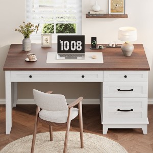 53.5" Executive Desk with Power Outlet, Home Office Desk with Drawers, Wooden Work Desk with File Cabinet, Computer Desk for Work, Study, Writing - 1 of 4
