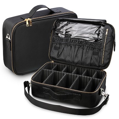 Fosmon Professional Makeup Organizer, Large Travel Makeup Bag with Compartments and Adjustable Dividers, Waterproof Cosmetic Train Case - Black