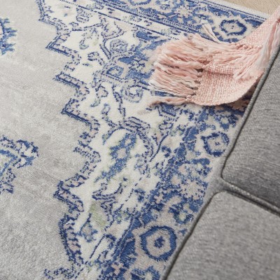 Transitional Grey Blue Floral Medallion 4' x 6' Synthetic Rug