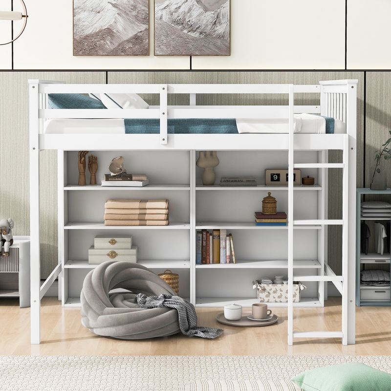 Twin/Full Size Loft Bed with 8 Open Storage Shelves and Built-in Ladder - ModernLuxe, 2 of 11