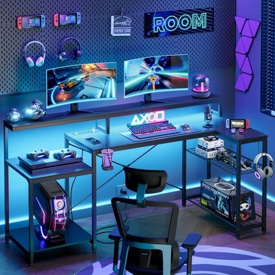 Bestier Gaming Desk 71.5 inch LED Computer Desk L Shaped Corner GamerTable with Power Outlet for Bedroom Black