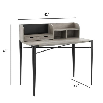 42" Grey Wash Industrial Secretary Desk with Hutch and Drawers