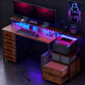 66.9" Wood Computer Desk with File Cabinet, LED Lights & Charging Station, Home Office Desk with Monitor Stand & Storage Drawers -3irtyhousy - 1 of 4