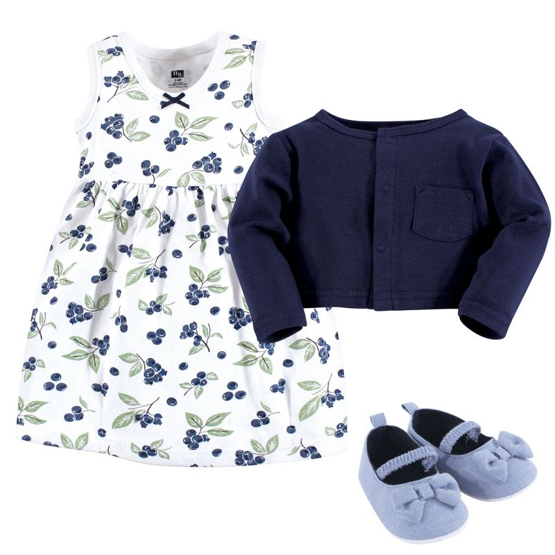 Hudson Baby Infant Girl Cotton Dress, Cardigan and Shoe 3pc Set, Blueberries, 3 of 7