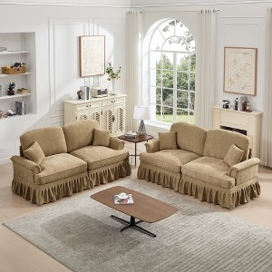 Classic 2-Piece Modular Chenille Sofa Set, Flared Arms, Removable Ruffles Pleats Skirts, Spindle Legs, 2-Seater Sofa + Loveseat - 1 of 4