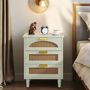 Kumasinova Nightstand with 3 Rattan Drawers,Modern Side Table with Metal Handles and Wood Legs,End Table for Bedroom,Living Room,Green - 1 of 4