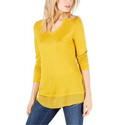 I.N.C International Concepts Womens Sheer trim Basic T-Shirt, Yellow, Medium