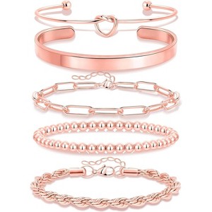 14K Gold Plated Chunky Cuff Bracelet Set for Women with Tie Knot Cuban Rope Paperclip Beaded Designs, Non Tarnish - 1 of 4