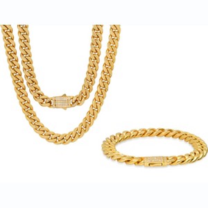 Steeltime 24" and 8.5" Men's stainless steel thick cuban link chain set with simulated diamonds clasp. Color Options: Silver, Gold - 1 of 4