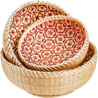 Attop Set of 3 Round Wicker Fruit Baskets, Kitchen Wicker Woven Bread Basket Stackable Rattan Serving Basket Set for Home Decor