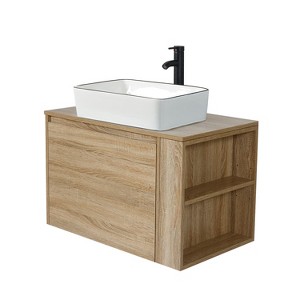 30-inch Bathroom Vanity, Natural Color Wall Mounted Bathroom Vanity with Hidden Drawer, Modern Floating Bathroom Cabinet with Bathroom Square White - 1 of 4