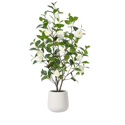 Artificial Camellia Tree with 9 inch White Planter, Tall Fake Camellia Trees with Flowers