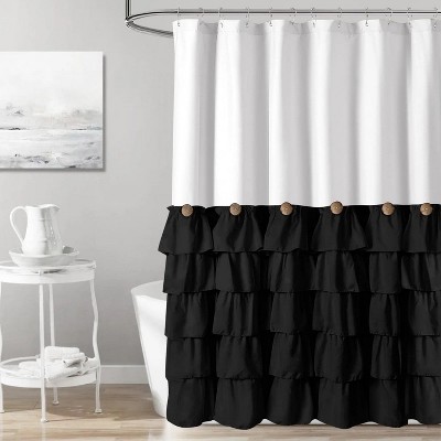 LunaLulinlk Black and White Farmhouse Shower Curtain with Vintage Buttons Black Ruffle Shower Curtain 72" x 72"
