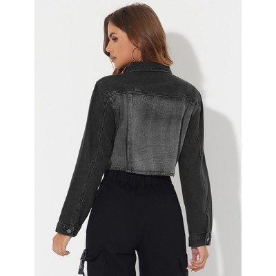 Allegra K Women's Casual Zip-Up Faux Flap Pockets Washed Denim Crop Jacket X-Large Black — фото 5