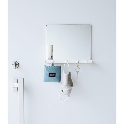 White Glass Magnetic Mirror with Storage Rack and Hooks