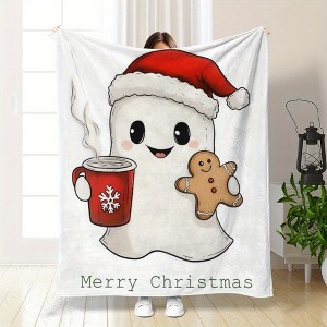 1pc Flannel Blanket, Christmas Cute Ghost with Gingerbread Man Print, Soft Warm Comfortable Throw, Multi-Seasonal for Sofa, Bed, Car, Office. - 1 of 4