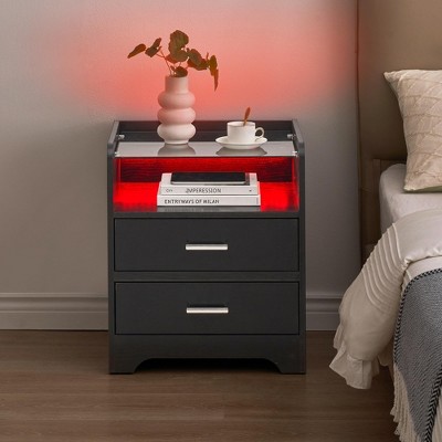 LED Night Stand with 2 Drawers - Smart End Side Table with Glass Top & LED Lights - Modern Bedside Table for Bedroom, Living Room & Dorm, White