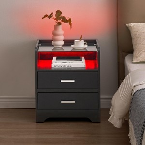 LED Night Stand with 2 Drawers - Smart End Side Table with Glass Top & LED Lights - Modern Bedside Table for Bedroom, Living Room & Dorm, White - 1 of 4