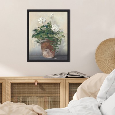 White Geraniums in Terracotta Pot Canvas Wall Art with Black Frame