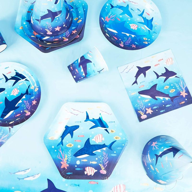 Blue Panda 48 Pack Blue Shark Disposable Paper Plates Hexagon 9 Inch for Kids Birthday Party Supplies & Decorations, 3 of 7