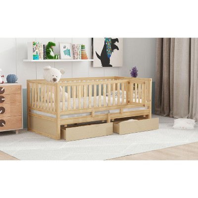 NicBex Twin Size Wood Montessori Bed with 2 Drawers,Floor Bed with Safety Guardrails and Split Into 2 Beds,Modern Toddler Bed for Bedroom,Natural