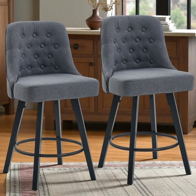 Set of 2 26" Swivel Counter Stools, Linen Upholstered Bar Chairs with Ergonomic Back, Solid Wood Legs & 360° Rotation for Kitchen Island or Home Bar