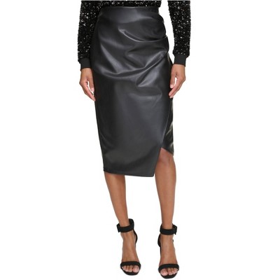 Calvin Klein Womens Faux Leather Ruched Pencil Skirt