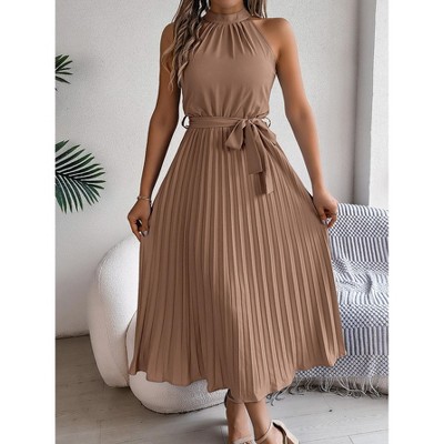 Women Summer Sleeveless Midi Dresses Casual Pleated Mock Neck Midi Dresses With Belt A Line Flowing Dress
