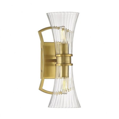 Bennington Warm Brass 2-Light Wall Sconce with Clear Ribbed Glass