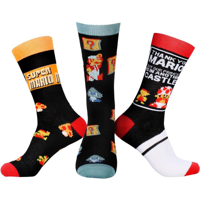 Nintendo Super Mario Bros. Socks Men's Retro NES Video Game 3 Pack Crew Socks Black, 1 of 5