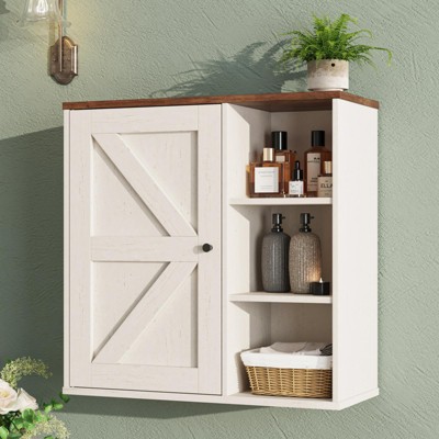 Bathroom Wall Cabinet, Farmhouse Medicine Cabinet with Barn Doors and Adjustable Shelves, Farmhouse White