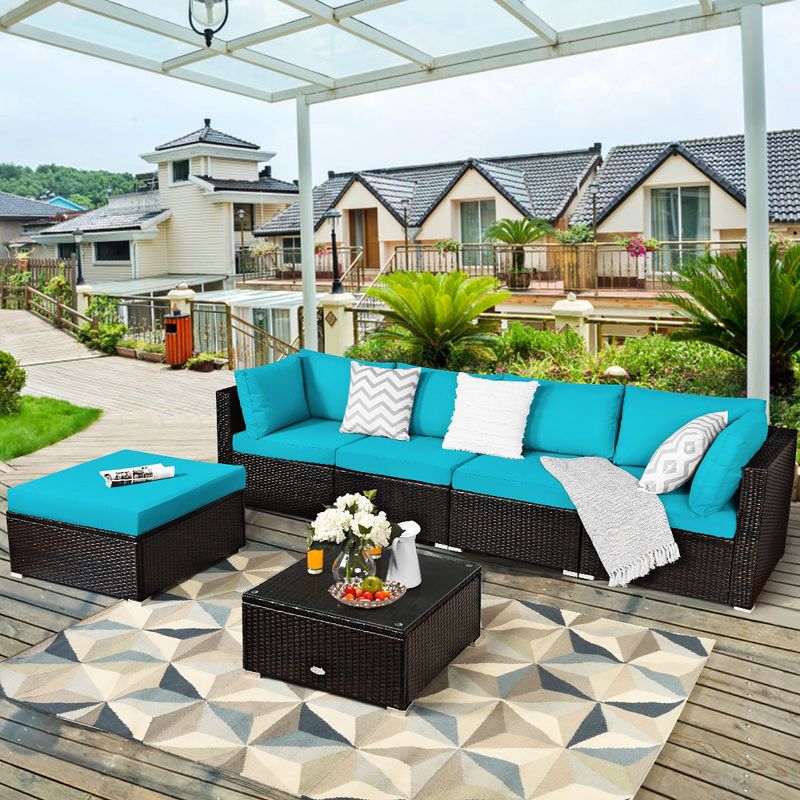 Costway 6PCS Outdoor Patio Rattan Furniture Set Cushioned Sectional Sofa Navy\Black\Turquoise, 1 of 11