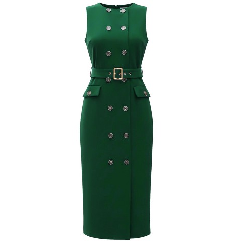 Женские платья INSPIRE CHIC Women's Double Breasted Sleeveless Business Crew Formal Belted Pencil Dress Medium Green