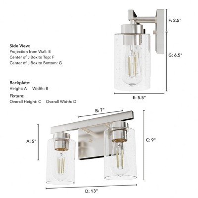 Hunter Fans 13" Hartland Wall Light Brushed Nickel Finish - 2 Bulb Dimmable Vanity Fixture for Rustic Modern Spaces