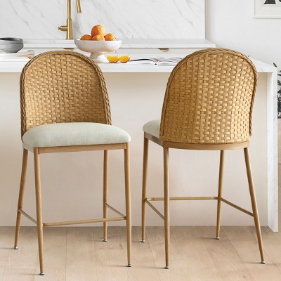 Barcelona Rattan Counter Stool, Linen Upholstered Midbar Chair, 26 Inch Stools with Rattan Back for Kitchen Island, Dining Room - Maison Boucle
