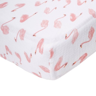 Briar Rose Pink Cotton Muslin Crib Sheet with Swan Print