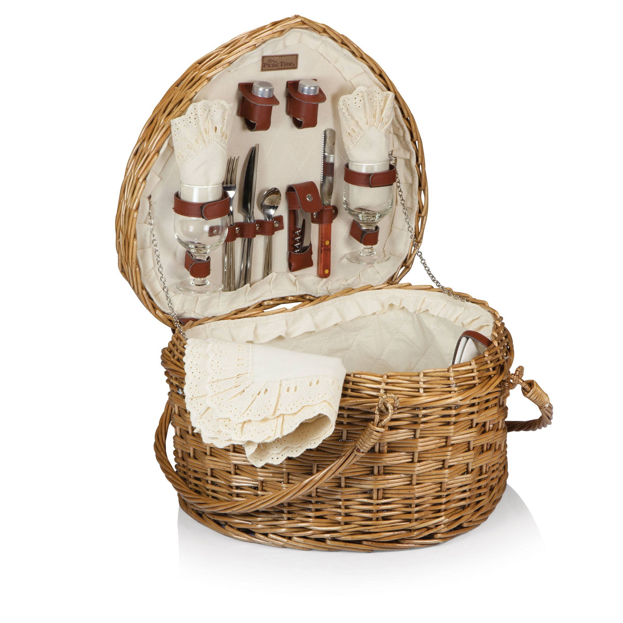 Picnic Time Perfect Pair Picnic Basket: Wicker Heart-Shaped Set, Brown & White