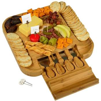 Picnic at Ascot - Bamboo Cheese Board with Cracker Groove & Integrated Drawer w/Cheese Serving Set & Markers