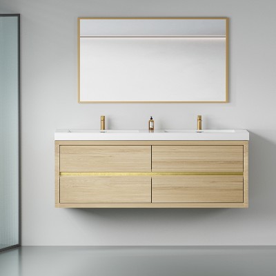 Bencmate Bathroom Storage Cabinets, Wall-Mounted Bathroom Vanity with Sink, Floating Bathroom Storage, Soft Close, Brown, 59.06"*19.69"*22.44"