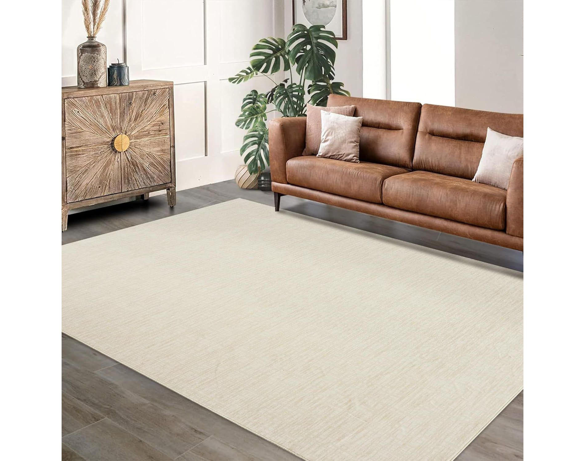 Acekool Area Rug 5x7, Modern Stripe Washable Non Slip Low Pile Soft Carpet for Living Room Bedroom Office, Easy Cleaning, Beige