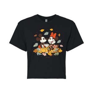 Women's - Disney - Mickey Minnie Leaf Pile Cropped Graphic T-Shirt - 1 of 4