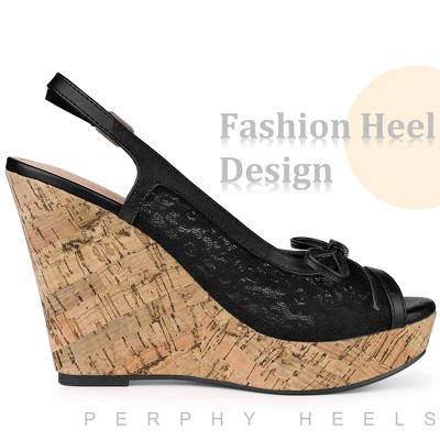 Perphy Women's Platform Heels Lace Bow Decor Slingback Wedge Sandals - image 4